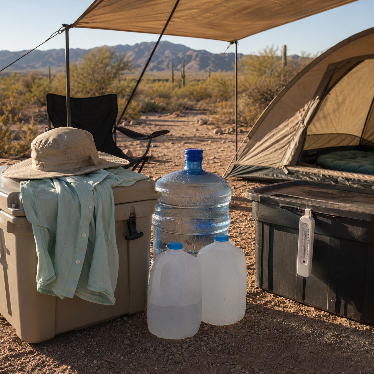 Water jugs, cooler, hat, and light camp clothing staged in shade at a desert campsite