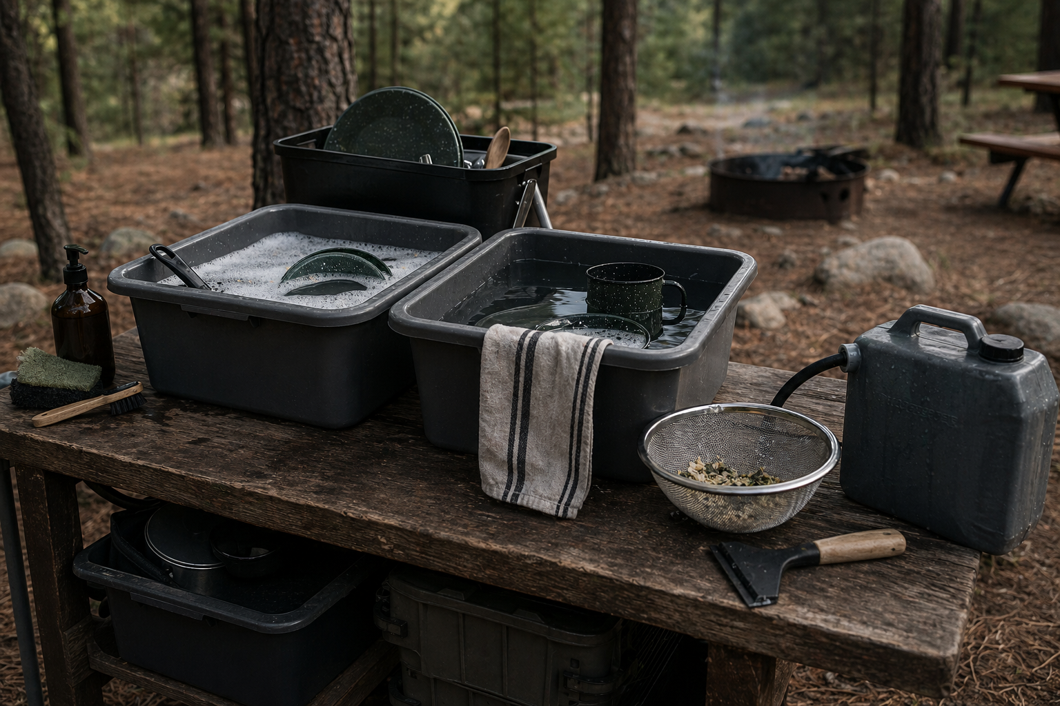 Simple organized camp kitchen setup with stove, water jug, utensils, and wash bin