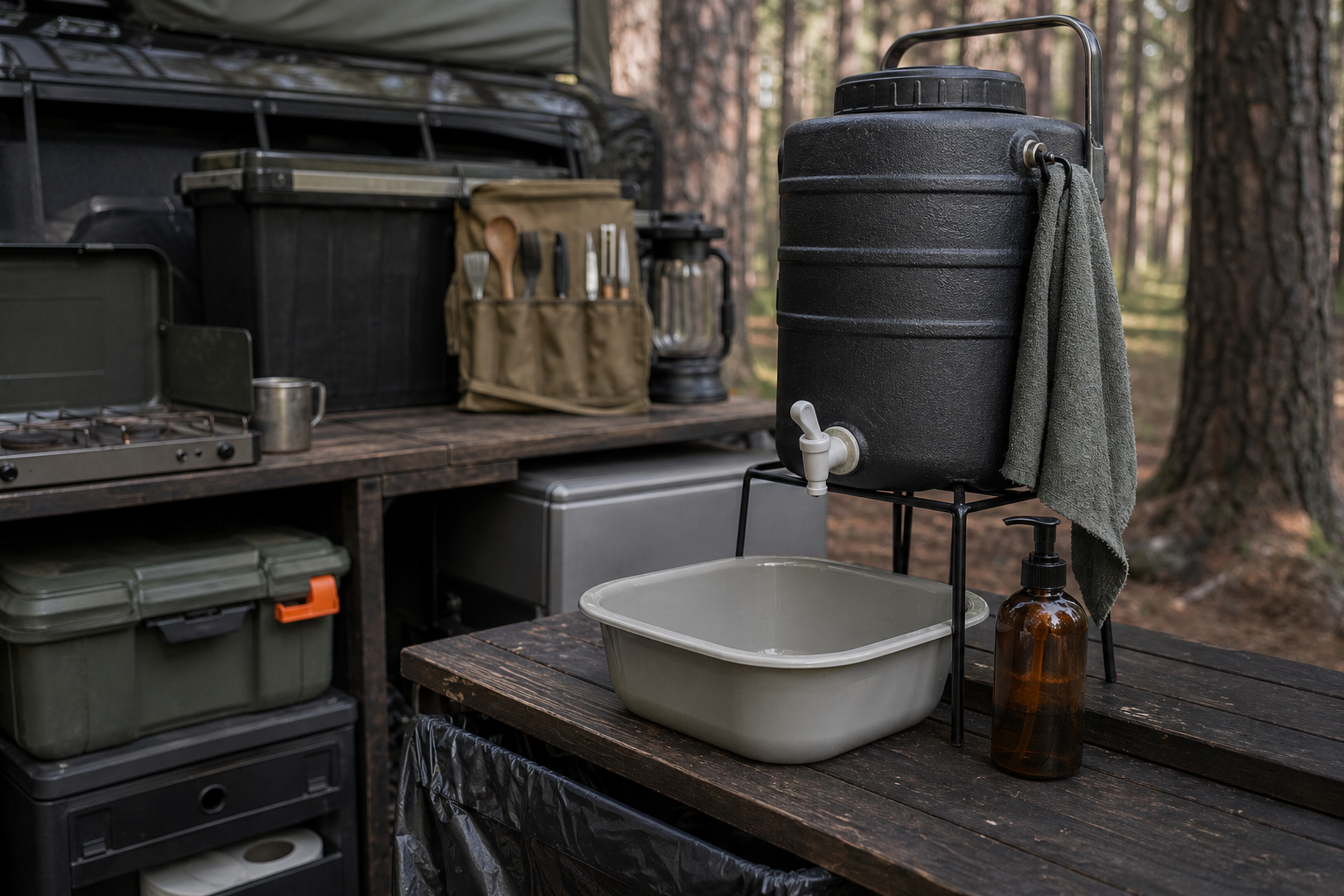 Simple organized camp kitchen setup with stove, water jug, utensils, and wash bin