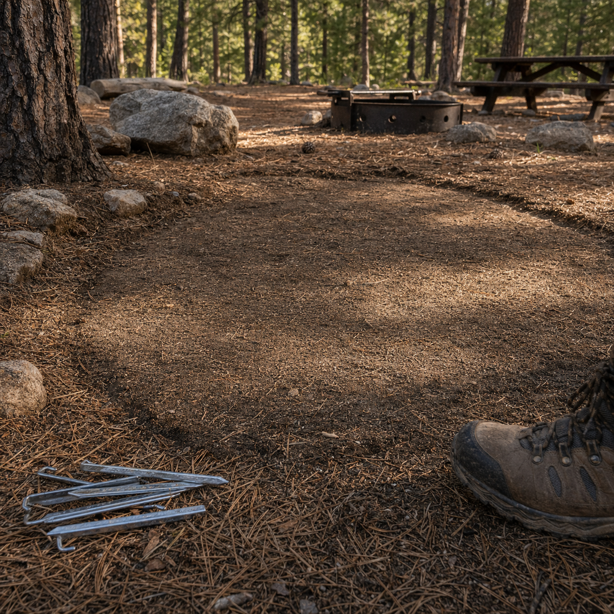 Flat tent footprint area with stakes and campsite gear nearby
