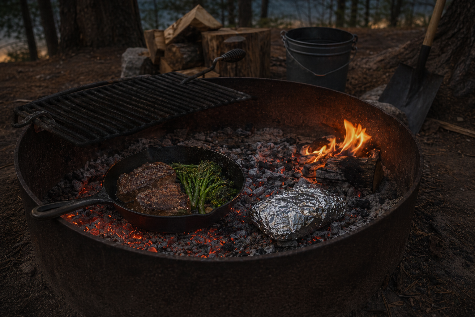 Small campfire starting in a metal fire ring with kindling, water, and a shovel nearby