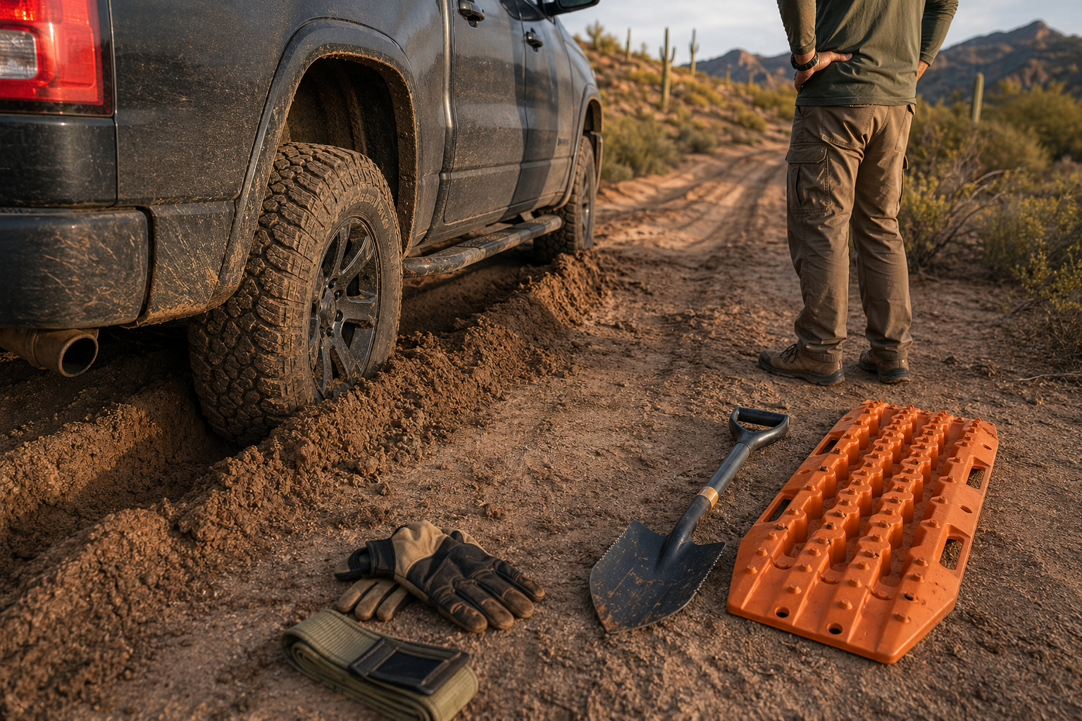 Truck partly stuck in sand with shovel and traction boards laid out nearby