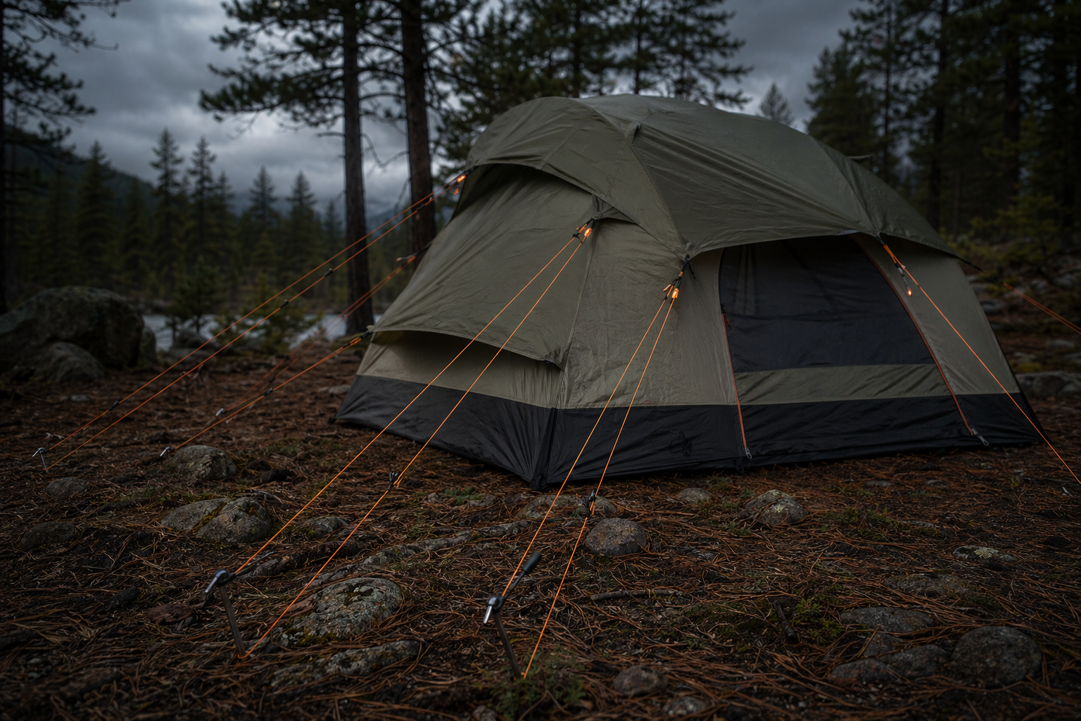 Rain-ready mountain campsite with tarp, tent, guy lines, and wet ground