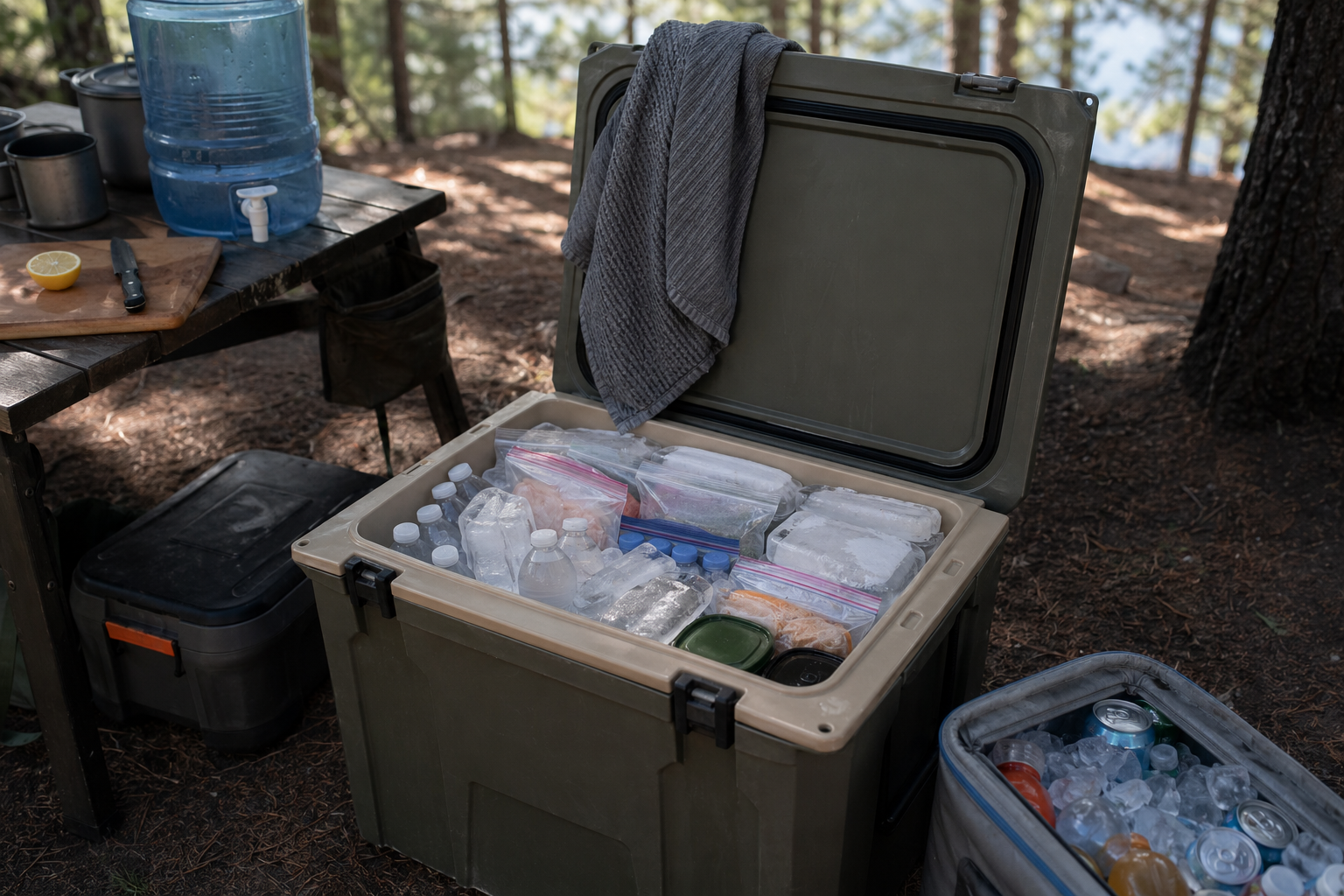 Simple organized camp kitchen setup with stove, water jug, utensils, and wash bin