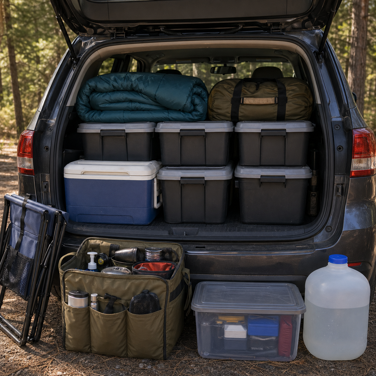 Organized camping bins and soft bags staged by an open vehicle