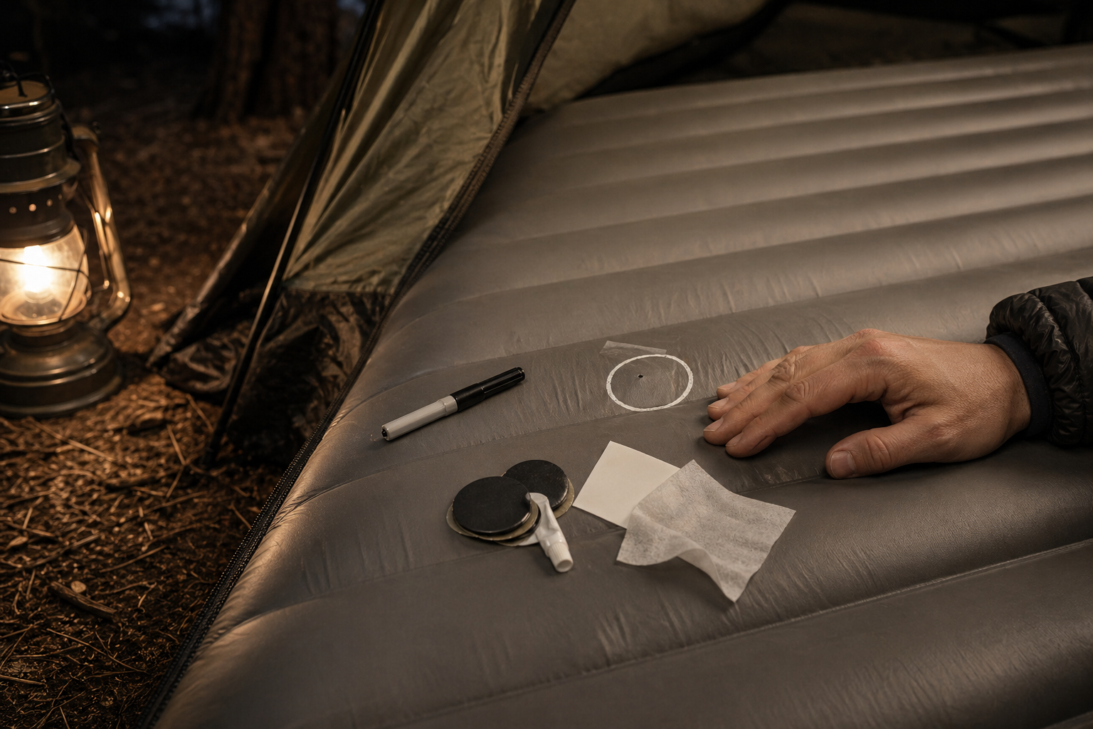 Air mattress repair kit and patch beside an inflatable sleeping pad in a tent