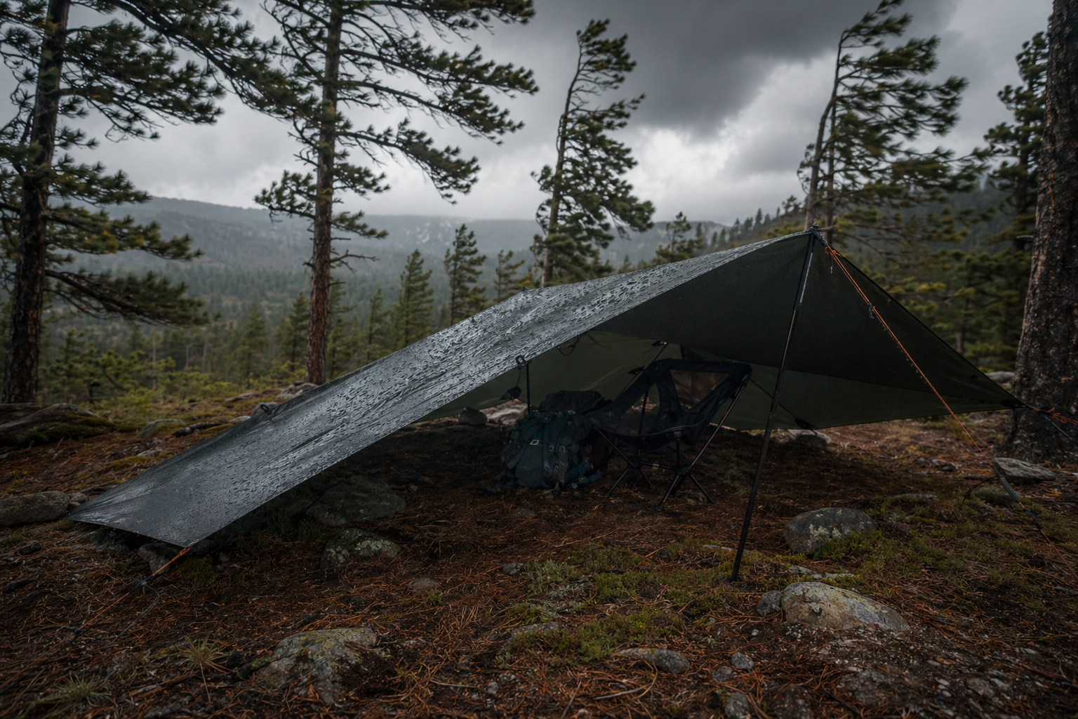 Rain-ready mountain campsite with tarp, tent, guy lines, and wet ground