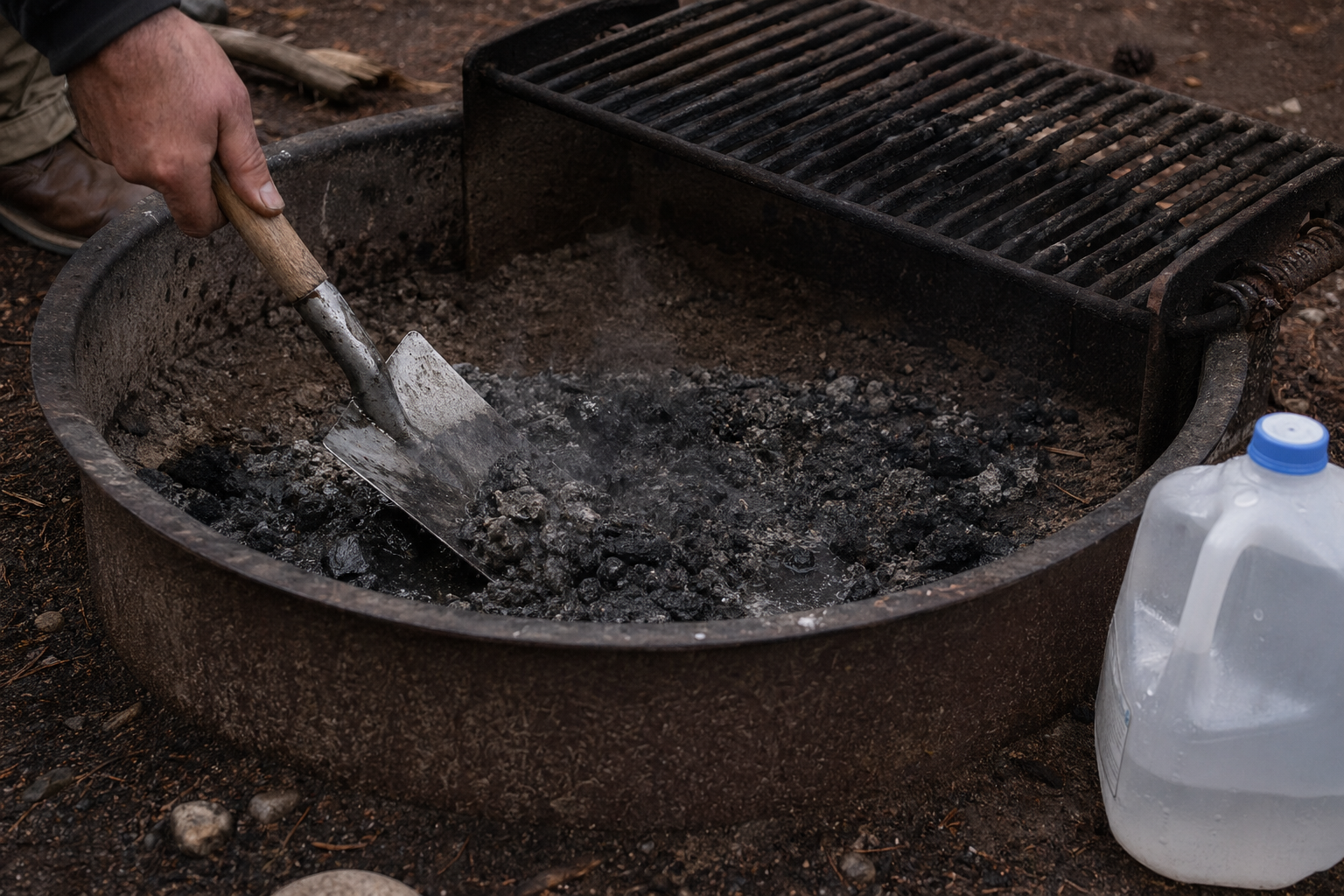 Campfire coals being drowned with water in a fire ring with a shovel nearby