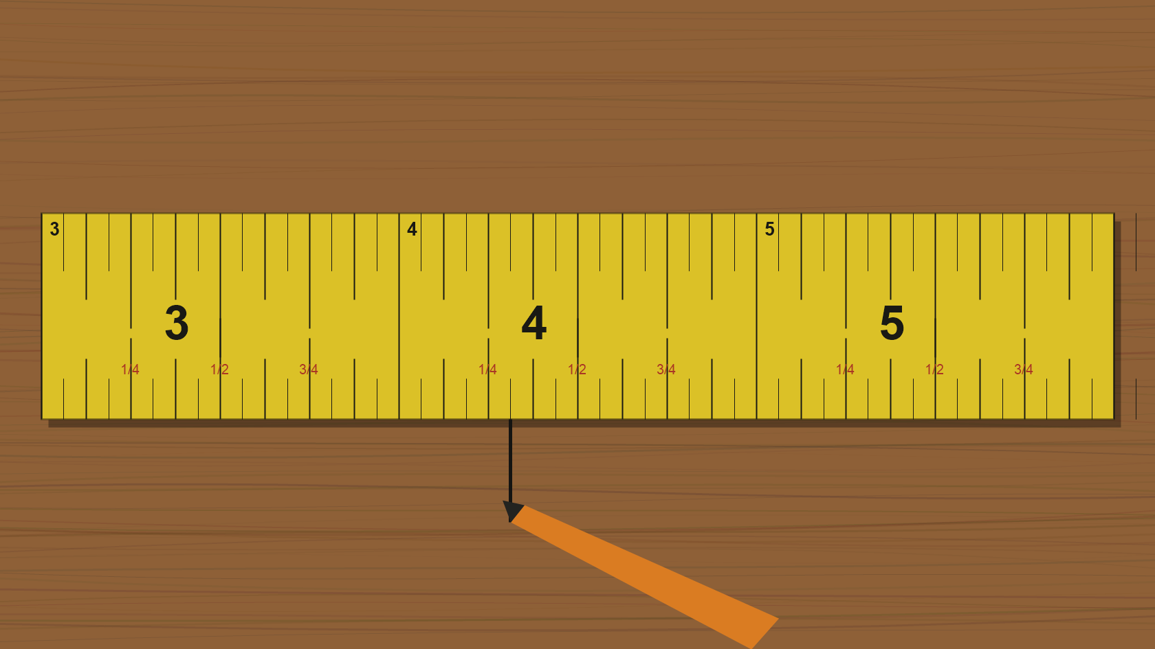 Close-up of a tape measure showing inch fractions and a pencil mark