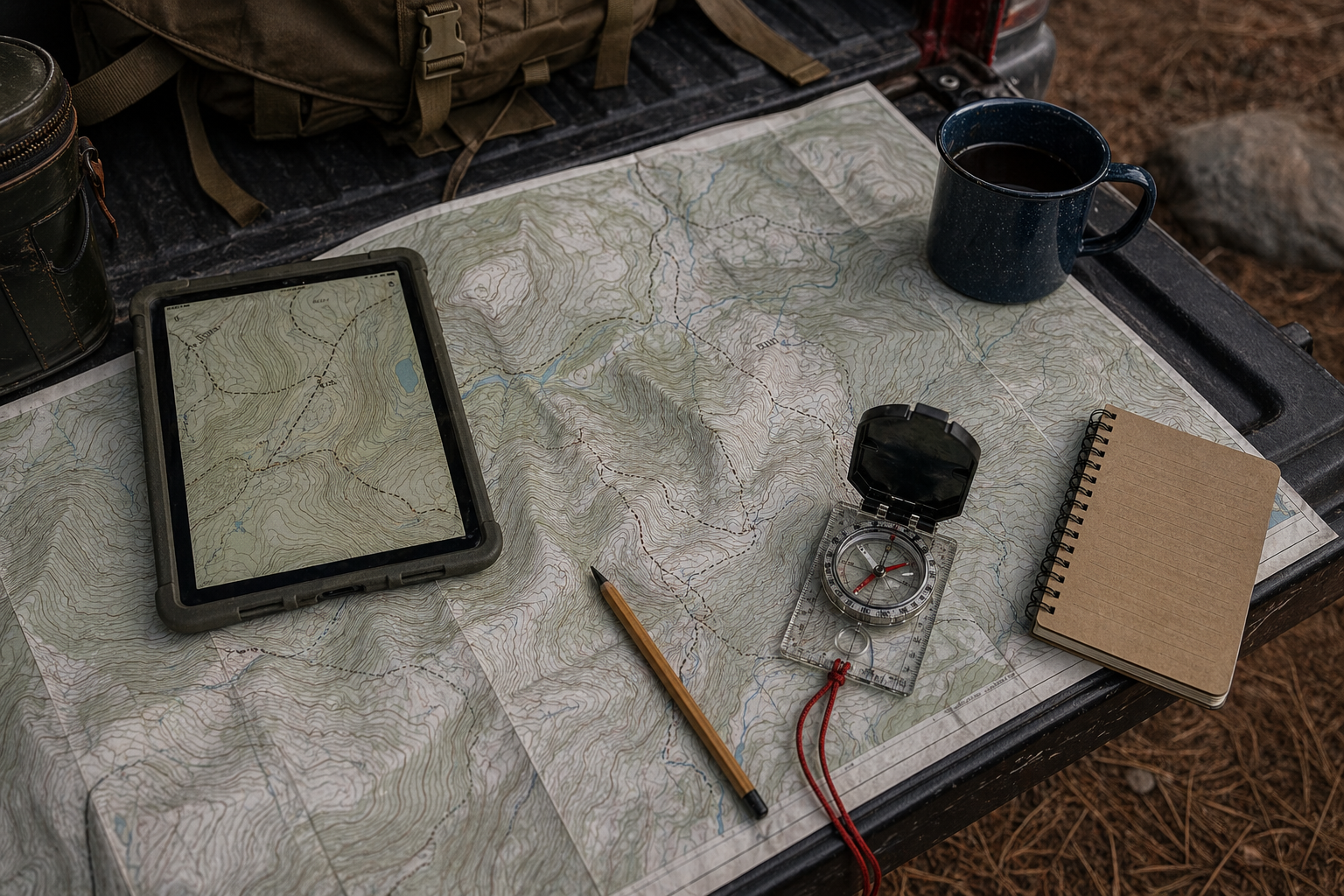 Topo map and campsite planning notes on a camp table