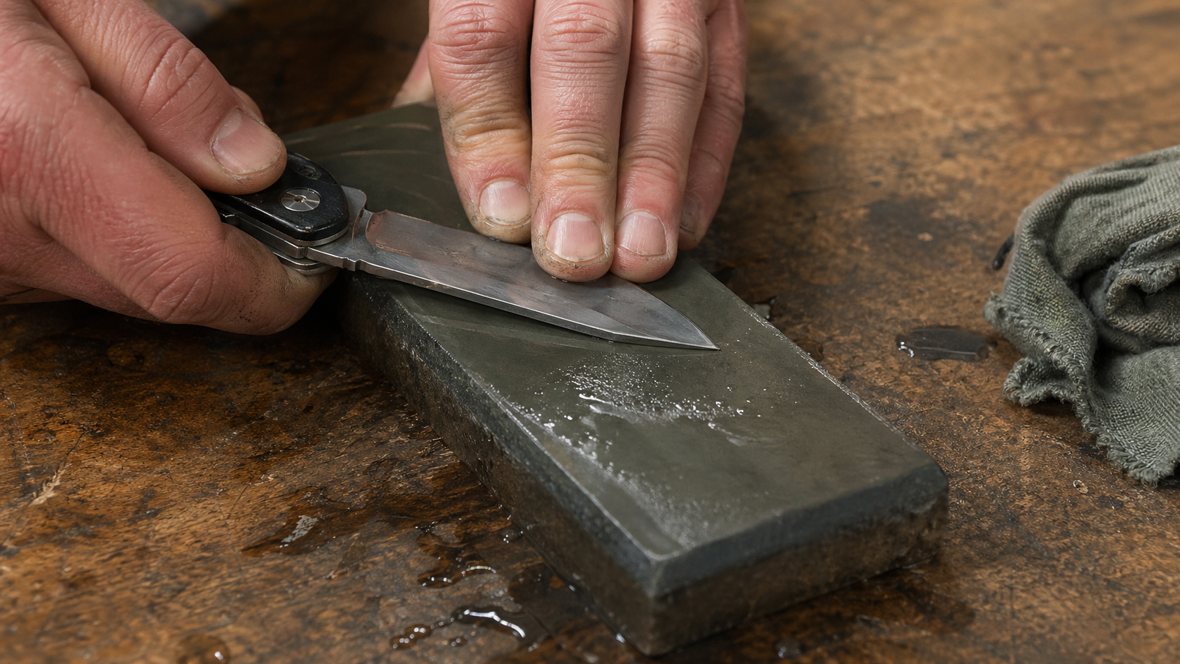 Close-up of knife edge being sharpened on a whetstone with steady angle