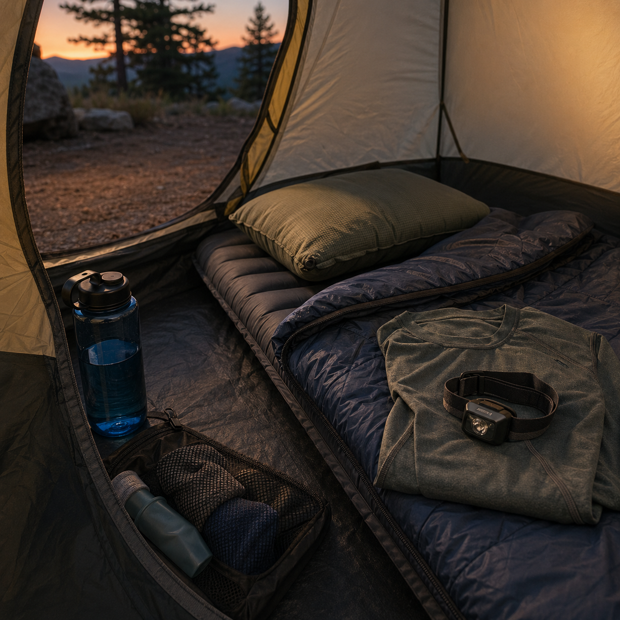 Sleeping pad, bag, pillow, headlamp, and water bottle arranged inside a tent