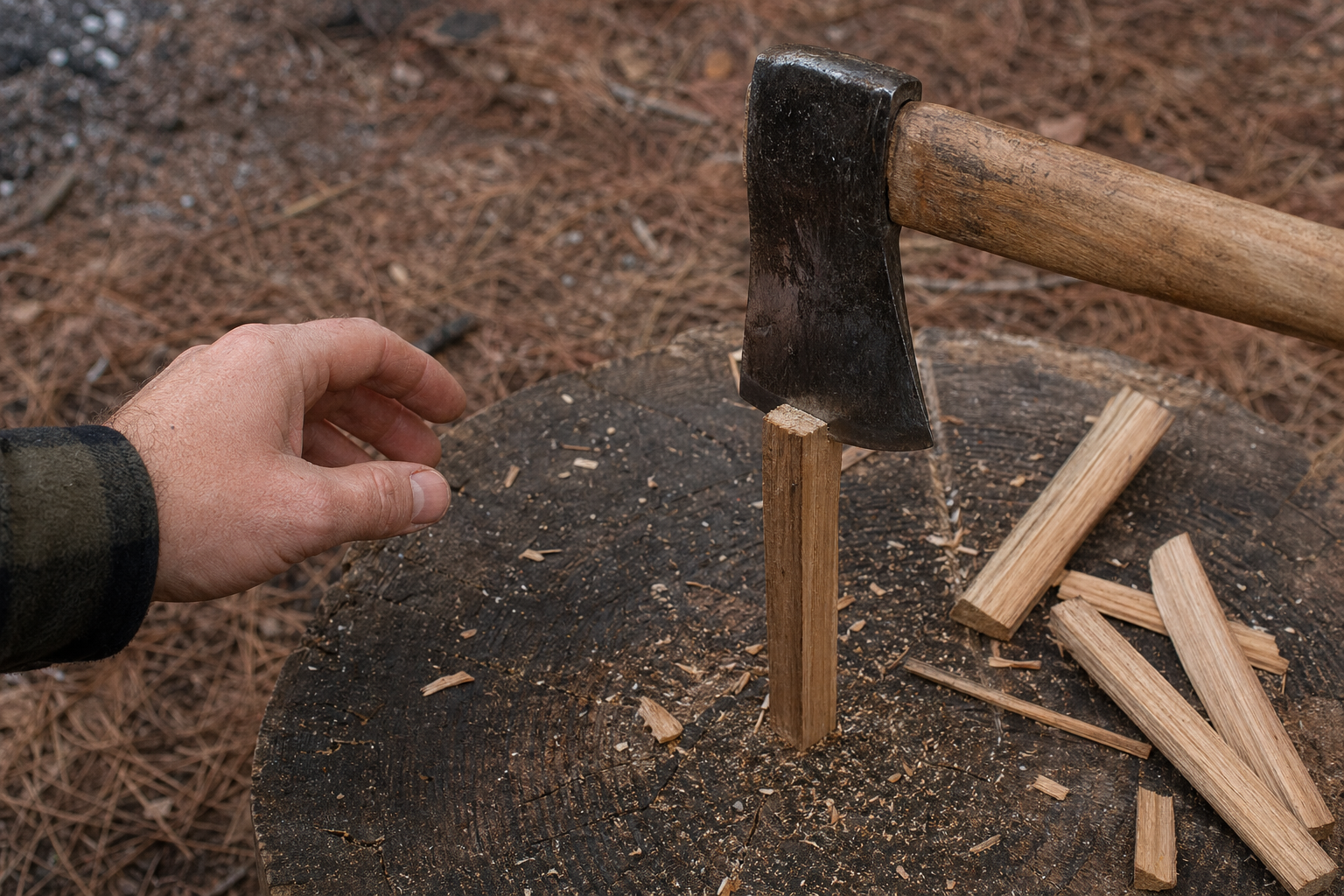 Hatchet and small kindling split safely on a chopping block