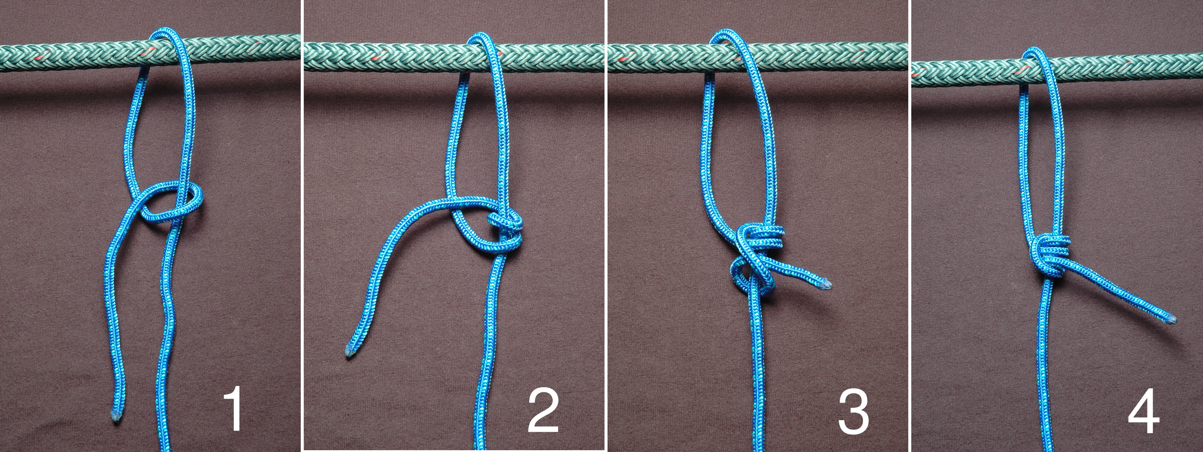 Four photo steps showing how to tie a taut-line hitch around a standing line