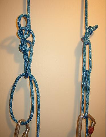 Trucker's hitch tied in blue rope showing the tensioning loop and lock-off