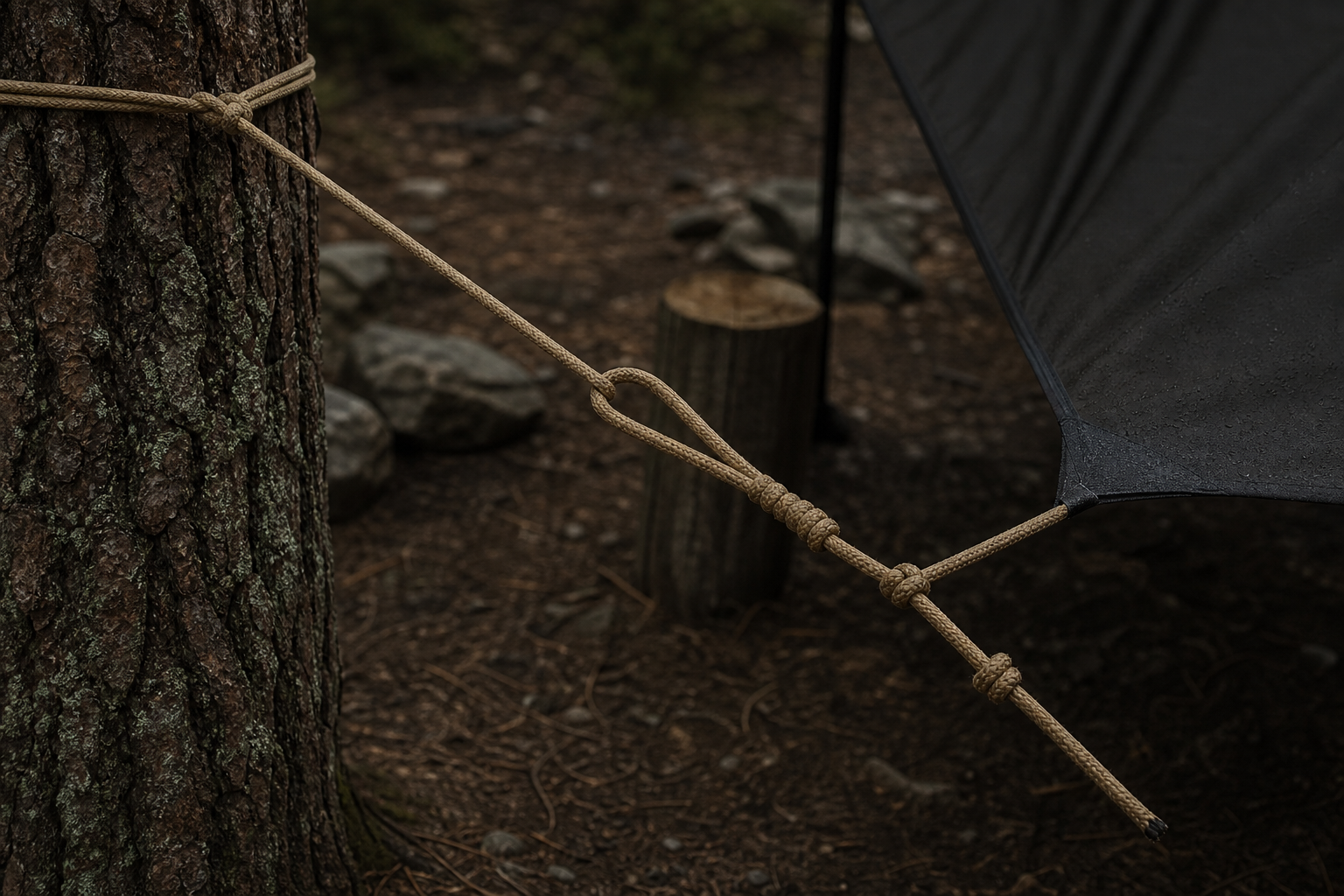 Rope tensioning setup with a trucker's hitch between a tree and tarp edge at camp