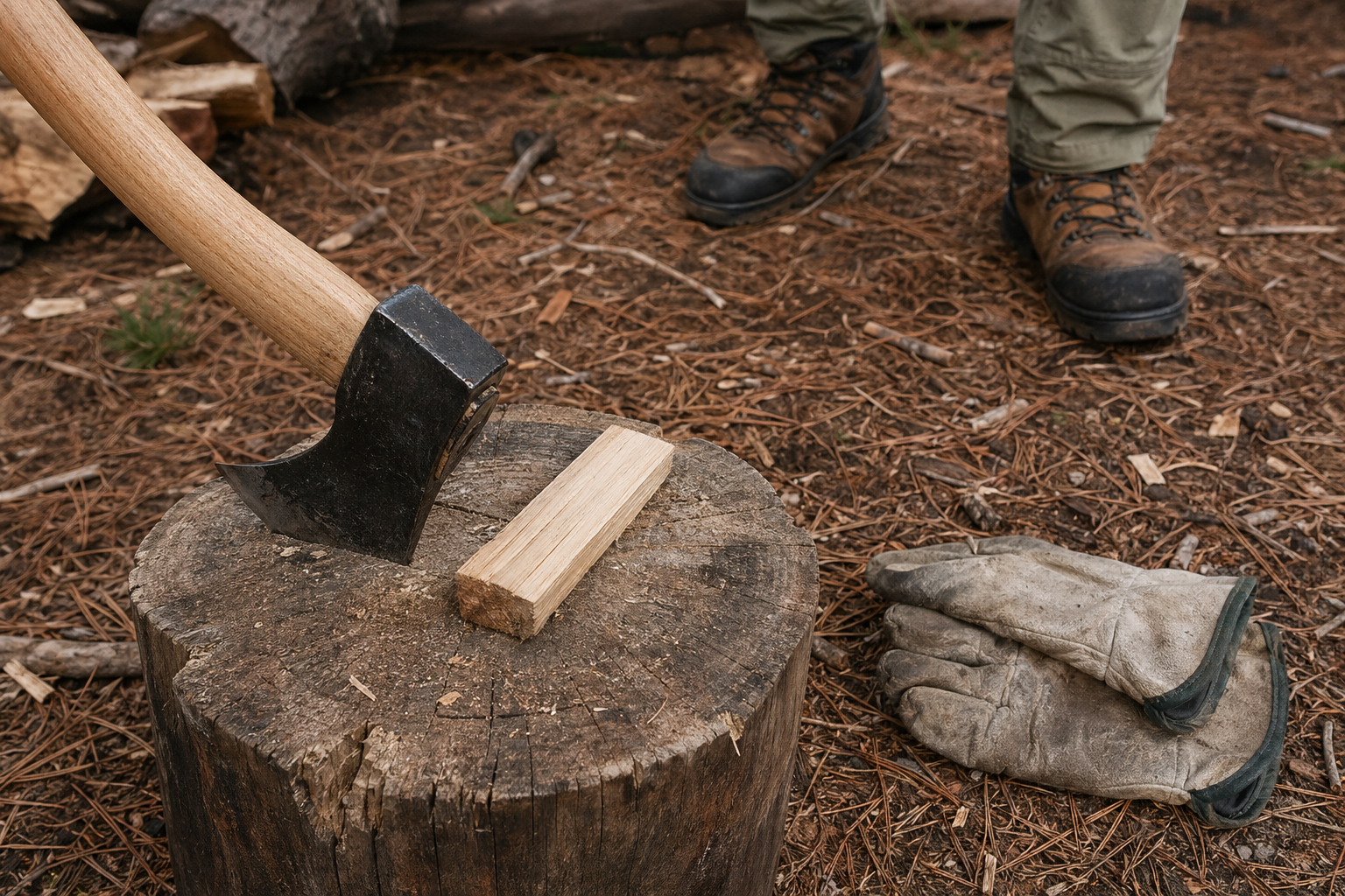 Hatchet resting safely on a chopping block with split kindling nearby