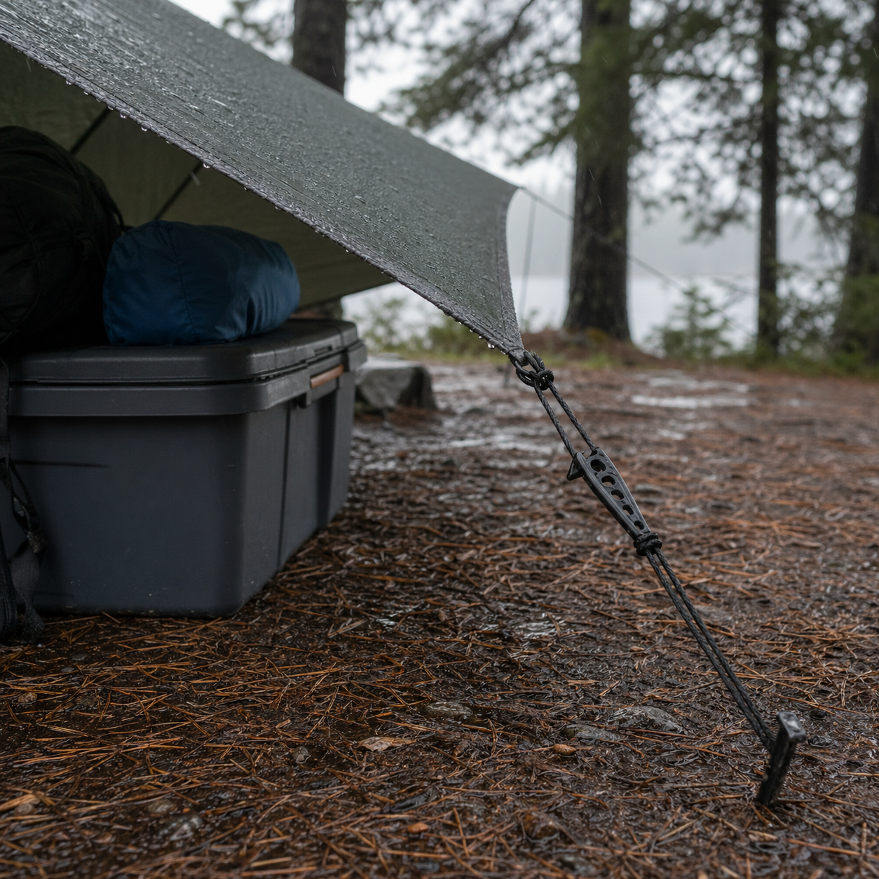 Tarp, rainfly, guy lines, and dry gear staged at a campsite before rain