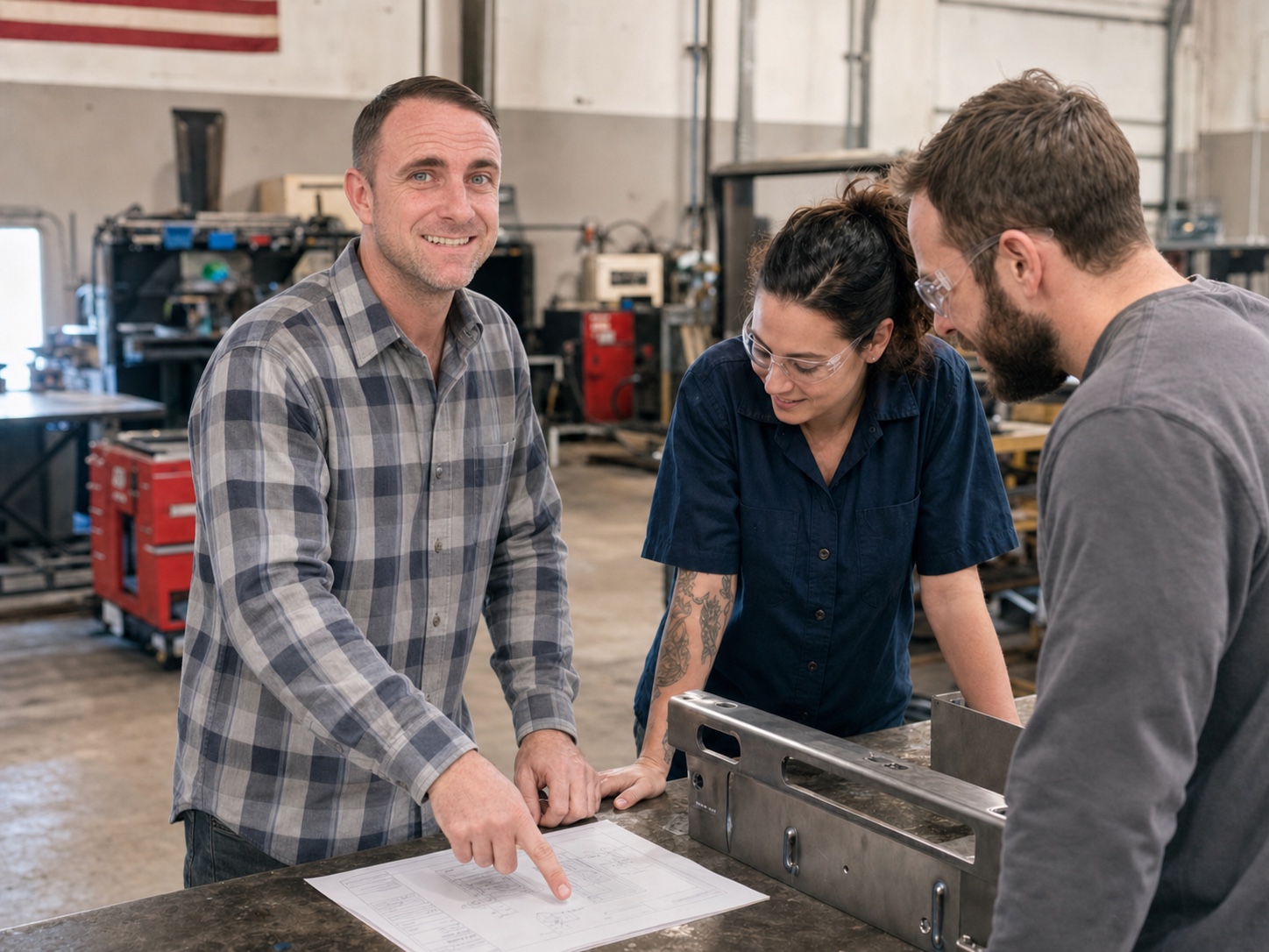 Chris Follin leading a fabrication discussion over a shop drawing and fabricated assembly