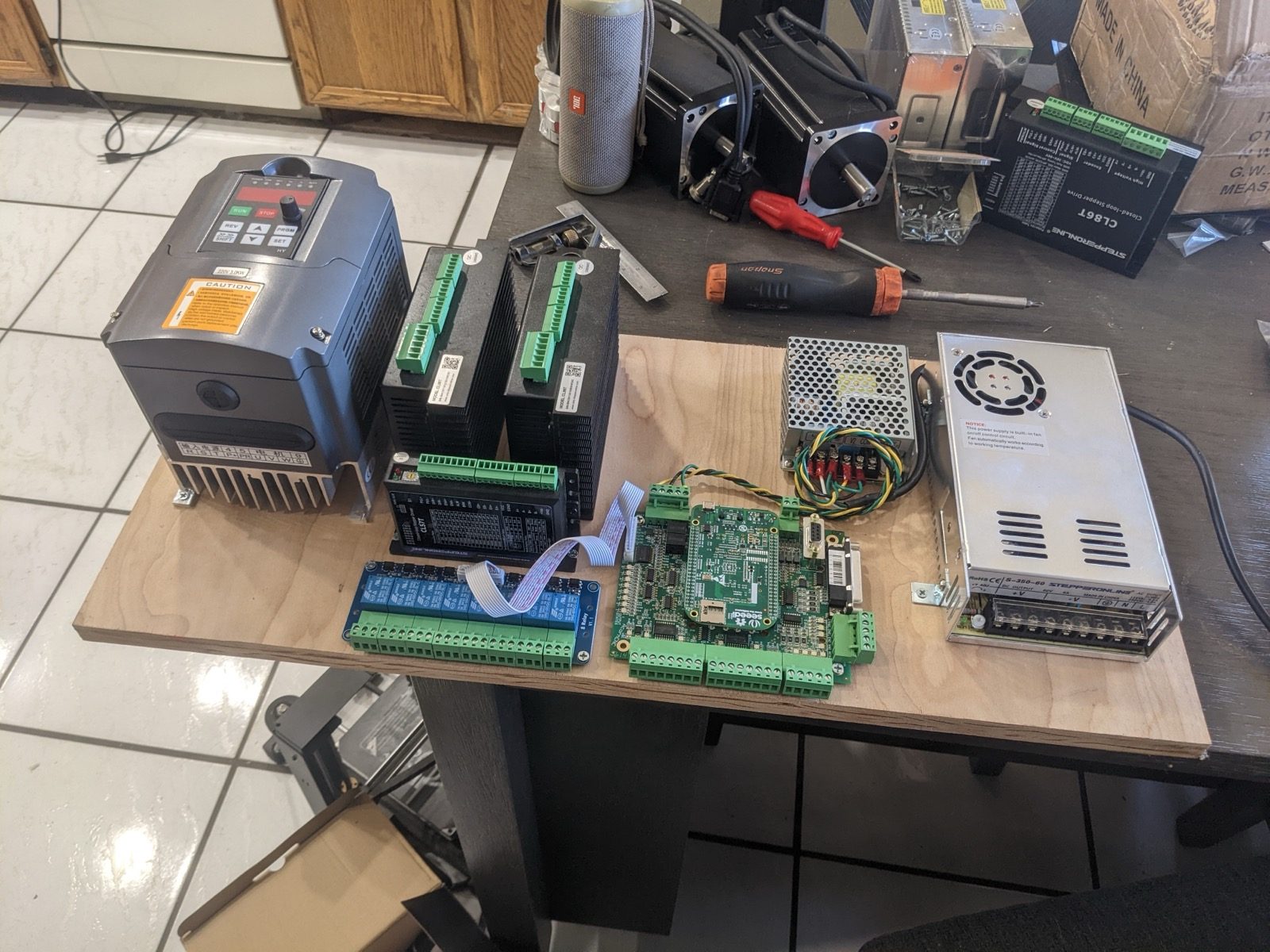 Stepper drivers, power supplies, and control electronics laid out for assembly