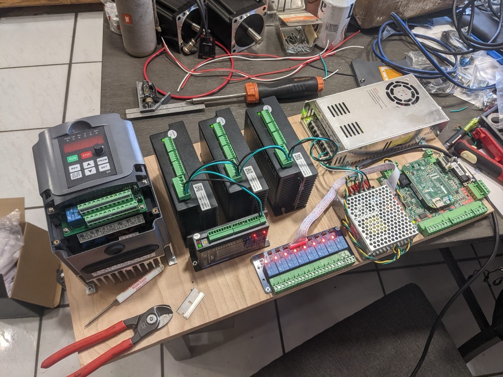 CNC router control electronics arranged and wired on the workbench