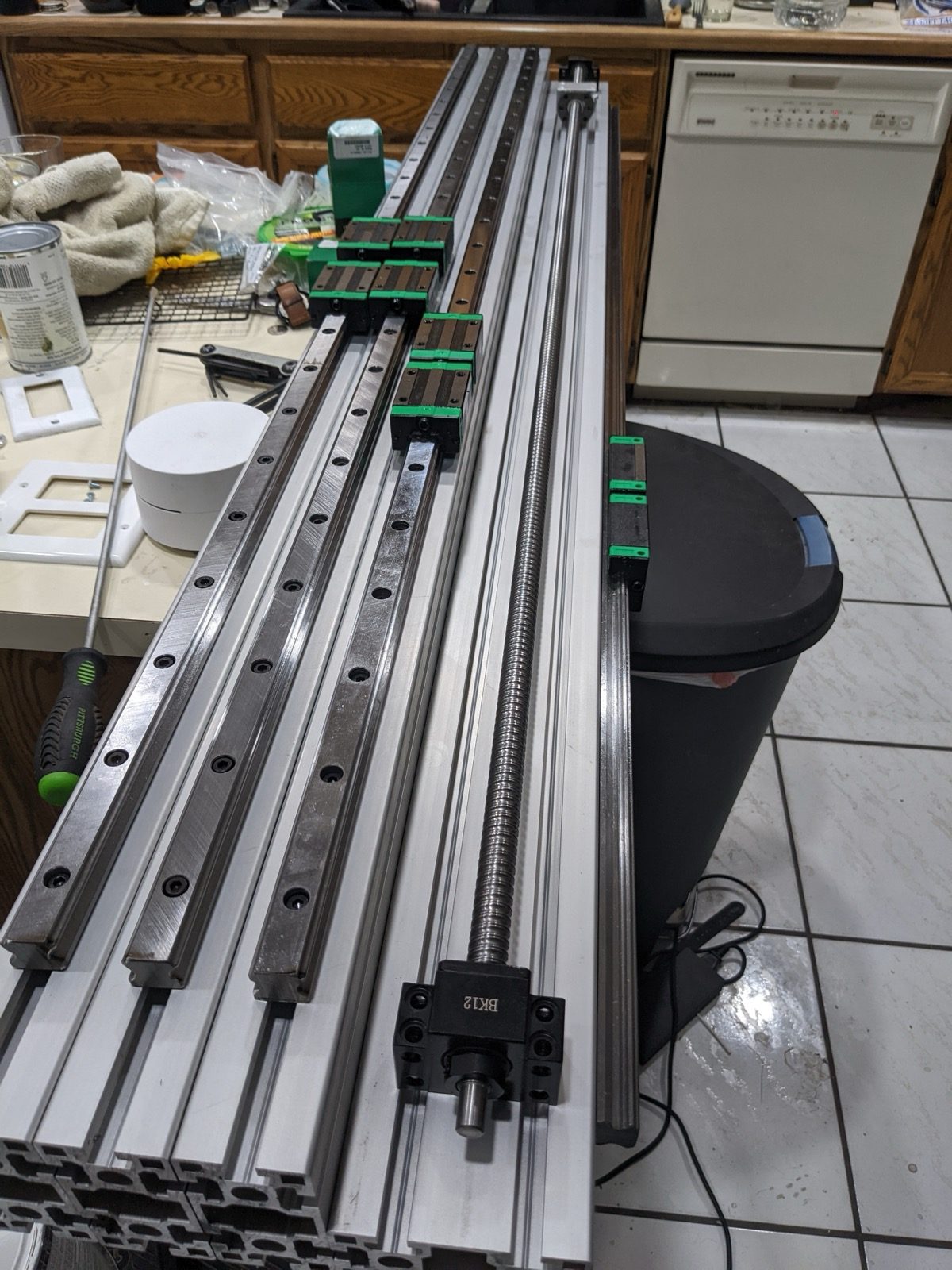 Linear rails and aluminum extrusion prepared for the CNC router frame