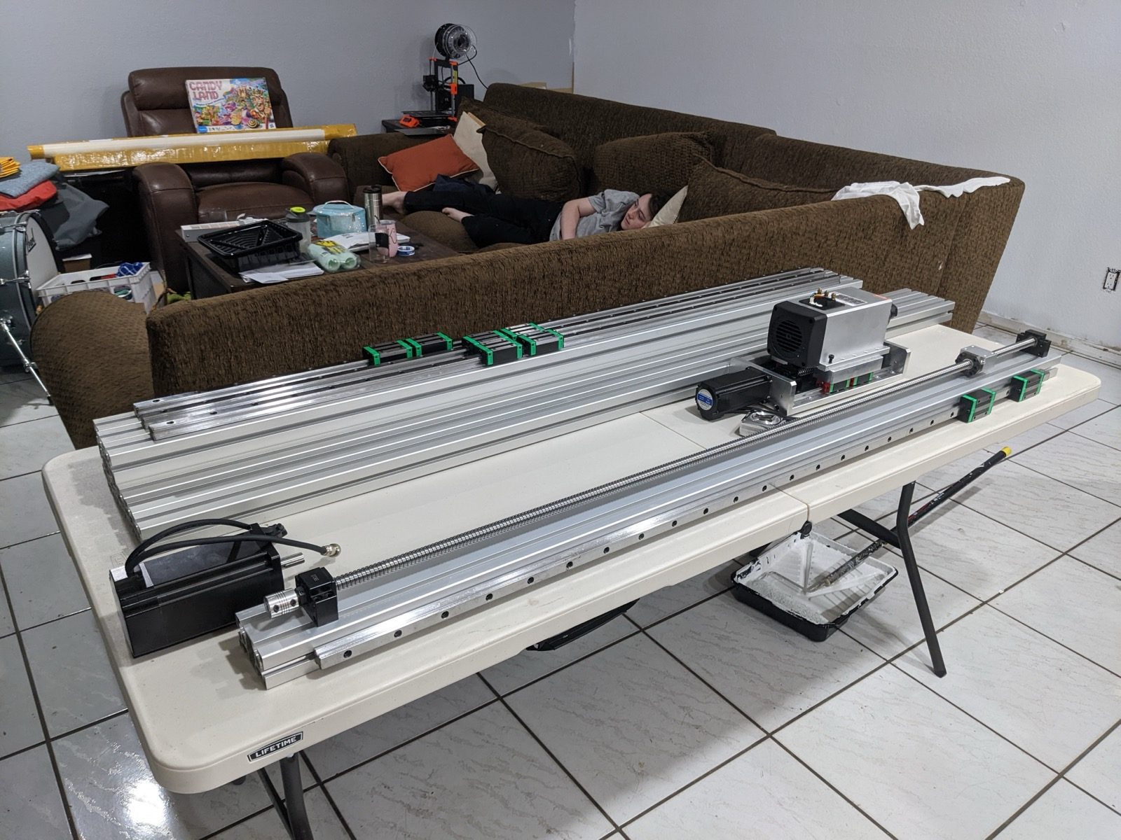 CNC router gantry components assembled on a temporary work surface