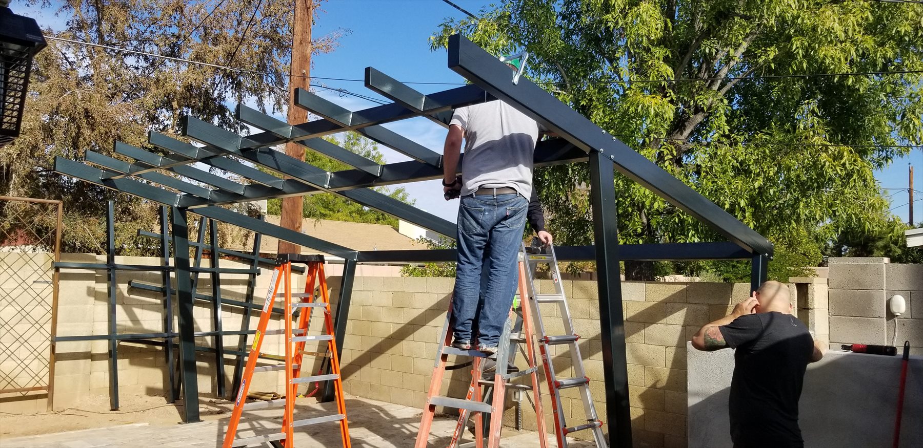 Pergola roof grid during installation